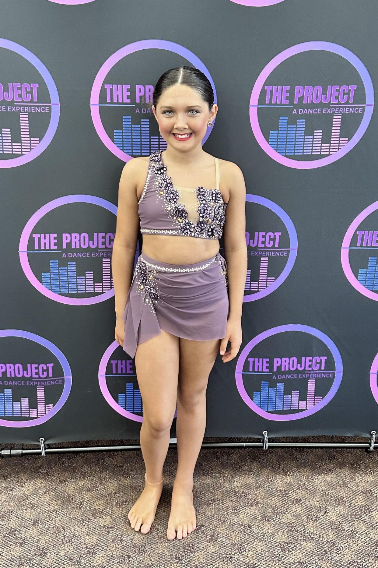 purple dance costume lyrical two piece 2024 with swarovski crystals